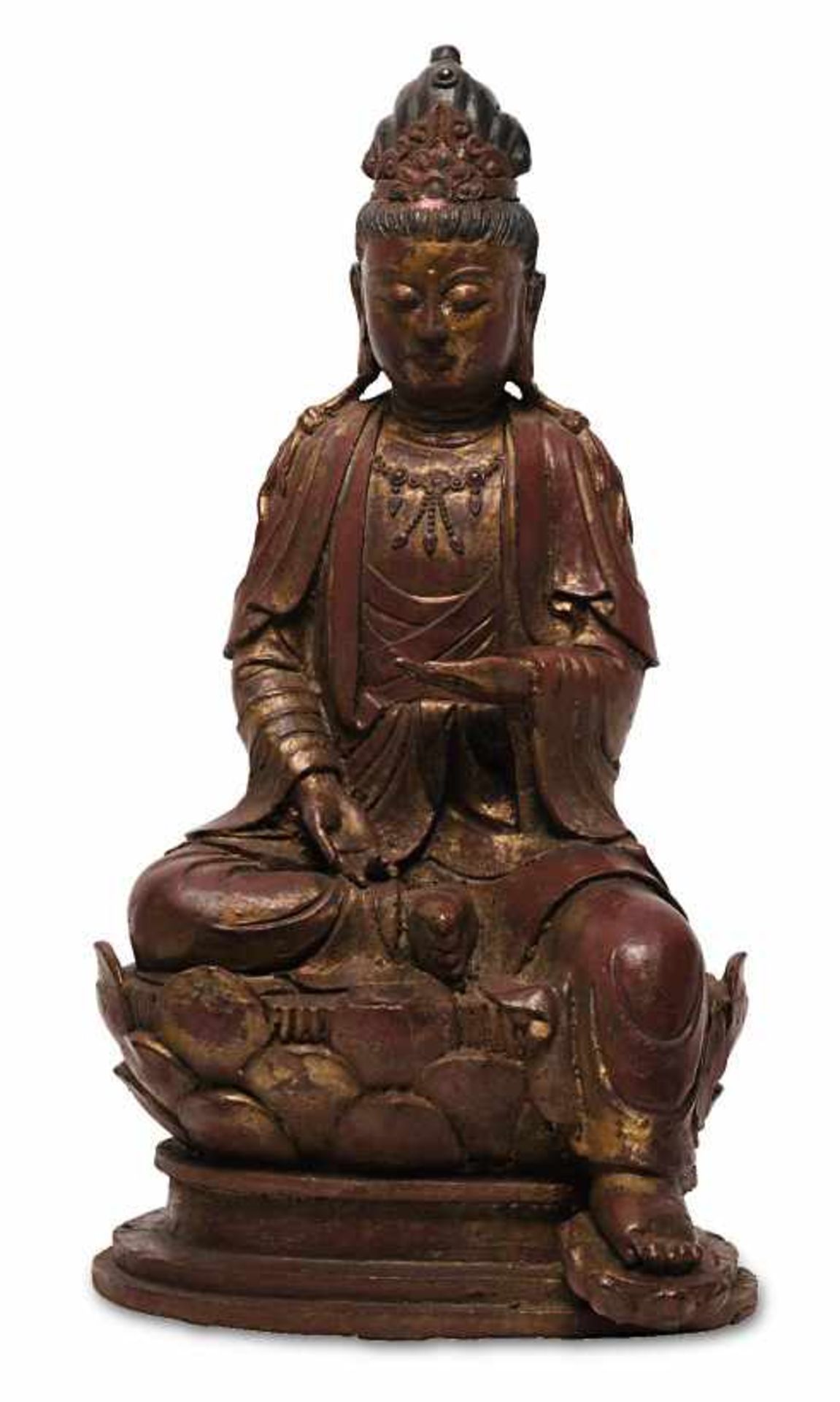 Bodhisattva Avalokiteshvara (Guanyin) China Eisen mit Rotlackfassung und Resten von Goldlack. Auf