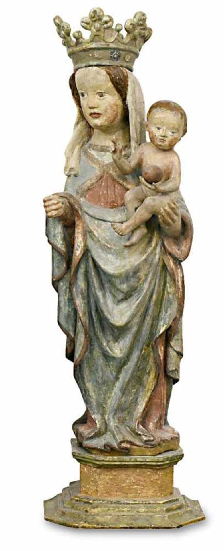 Muttergottes mit KindSüddeutsch, Mitte 15. Jh.Holz, geschnitzt, Farbfassung.Rest., erg.H. 66 cm (