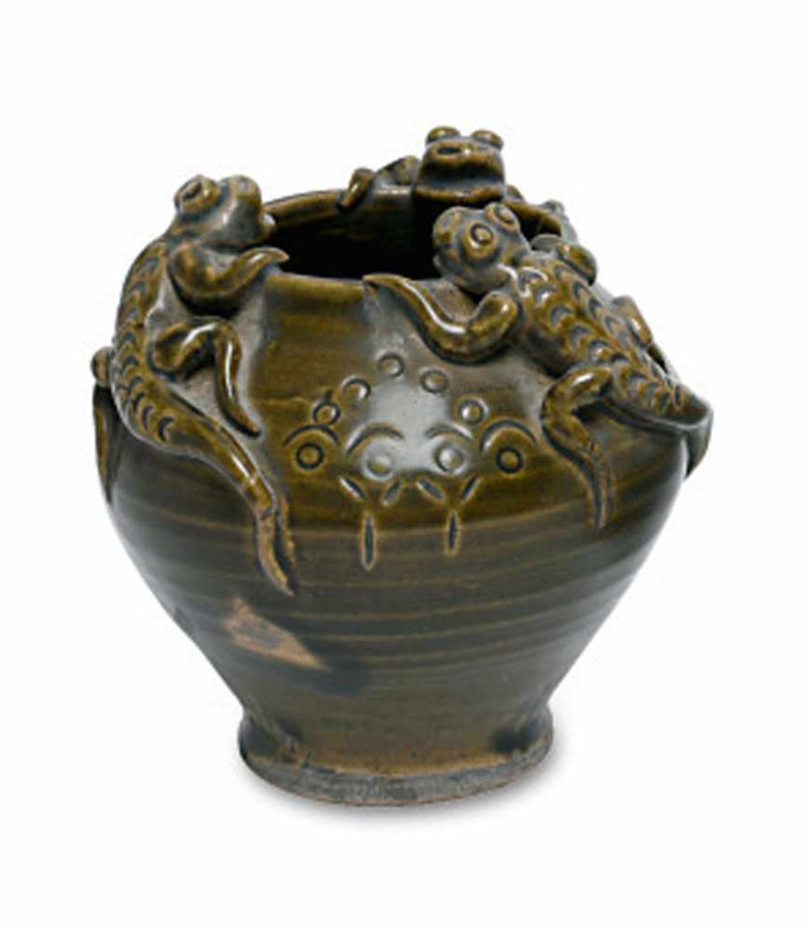 Gefäß für Wasser China (West-Jin?), wohl 5. Jh. Steinzeug mit grün-brauner Glasur. Bauchige Wandung,
