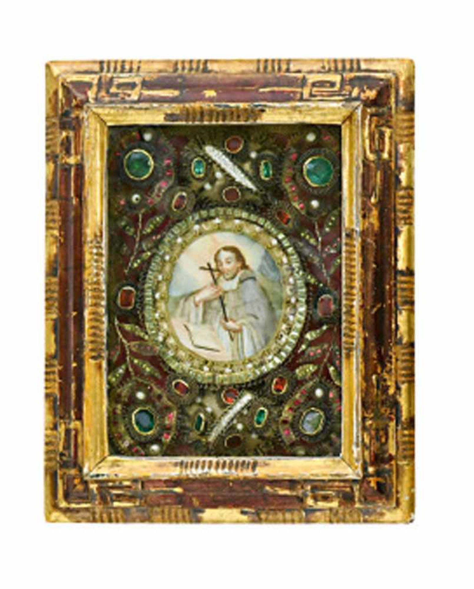 Klosterarbeit: Hl. Johannes Nepomuk19. Jh.Aquarellminiatur des Heiligen sowie zwei Reliquienpartikel
