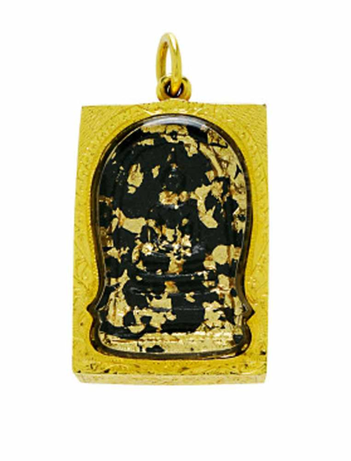 Buddha-Anhänger mit Kette14 K GG (geprüft, Kette mit Marke). Hochrechteckiger Anhänger (wohl