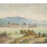 Rosenbaum, L.Voralpenlandschaft mit großem GutshofUm 1900. Aquarell. Rechts unten sign. Sichtmaß