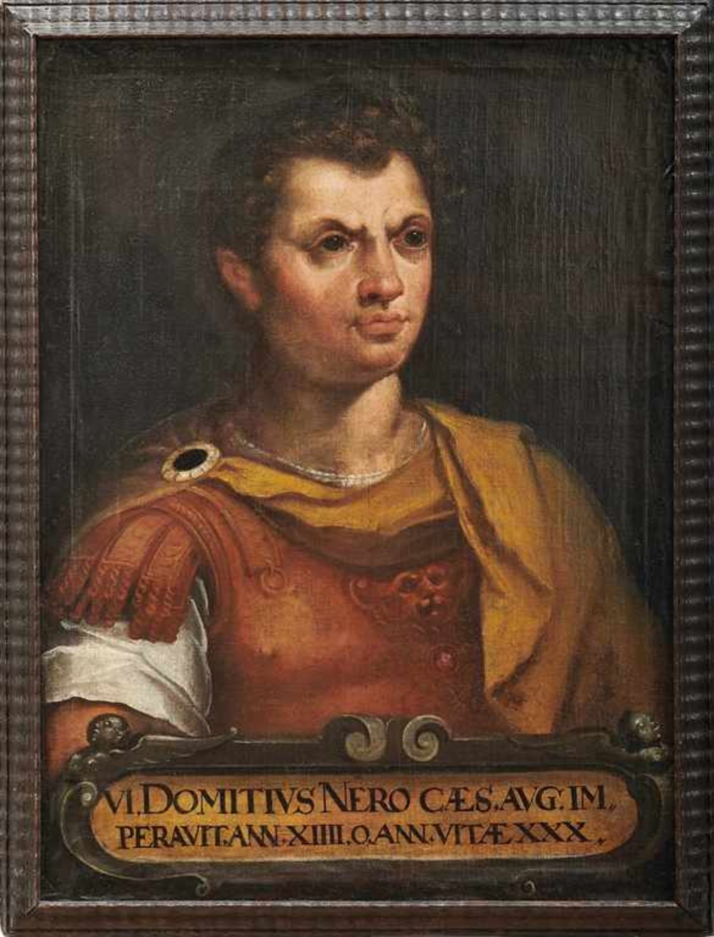 Bildnis des Kaisers NeroWohl Augsburg, 17. Jh.Schulterstück mit Inschriftenkartusche unten "VI.