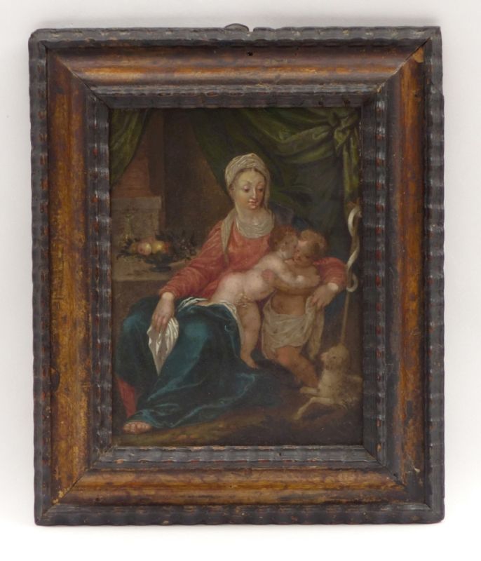 Maria mit Jesus und dem Johannesknaben17. Jh.In Interieur mit Säulenarchitektur und Draperie. Öl/ - Image 2 of 2