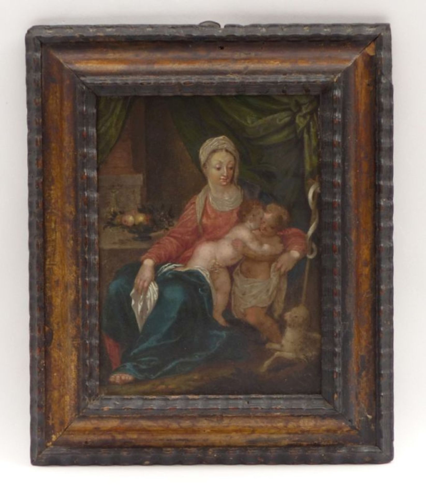 Maria mit Jesus und dem Johannesknaben17. Jh.In Interieur mit Säulenarchitektur und Draperie. Öl/ - Bild 2 aus 2