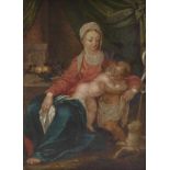 Maria mit Jesus und dem Johannesknaben17. Jh.In Interieur mit Säulenarchitektur und Draperie. Öl/