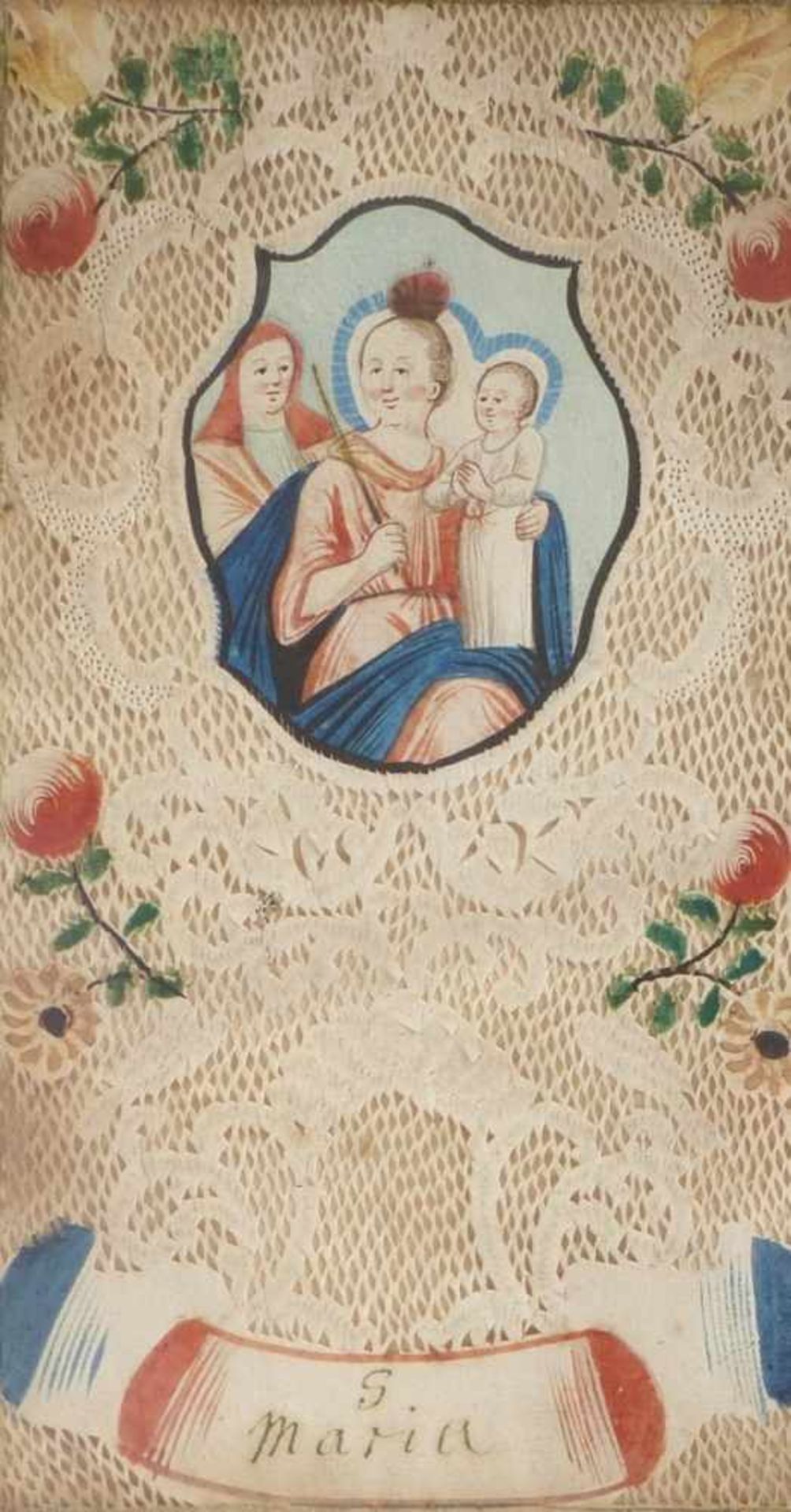 Großes SpitzenbildUm 1800Im Hochrechteck Kartusche mit Darstellung der bekrönten Madonna mit Kind,