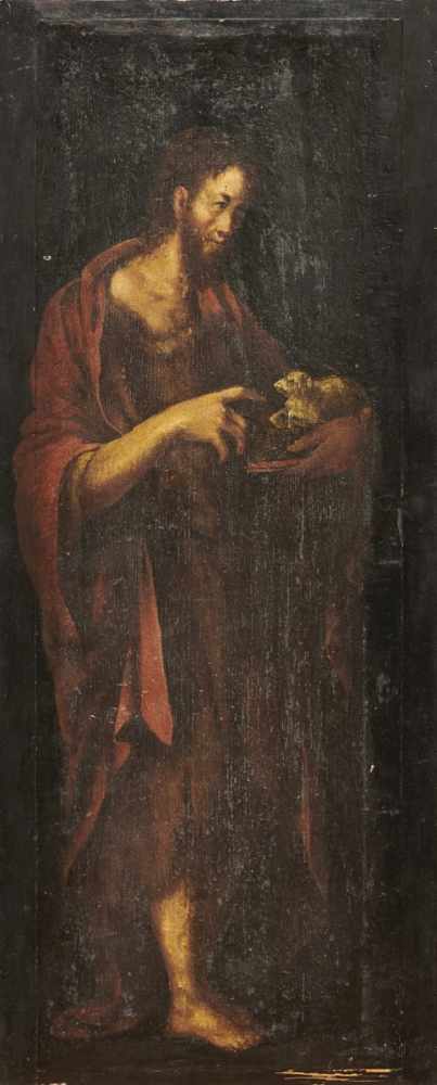 Johannes der Täufer weist auf das mystische Lamm auf dem Buch mit dem Wort GottesSpanischer