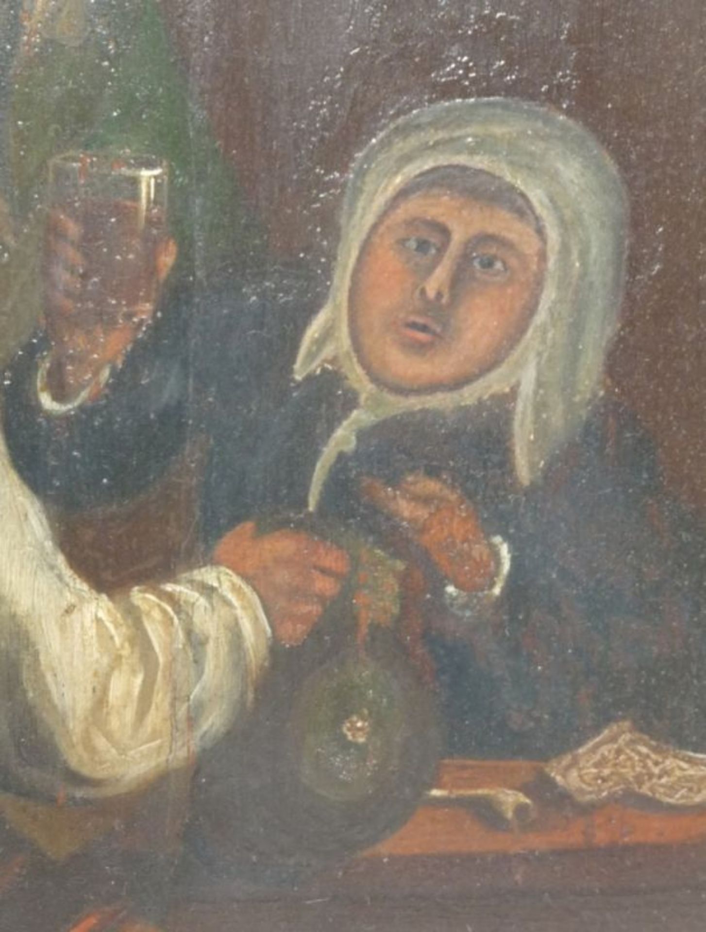 Unbekannter Maler des fr. 18. JahrhundertsDrei Zecher am WirtshaustischUm 1700. Öl/Holz. 25 x 20,3 - Image 3 of 4