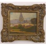 Miniatur-BilderuhrUm 1900Stadtansicht mit Blick auf eine Kirche mit römischem Zifferring und