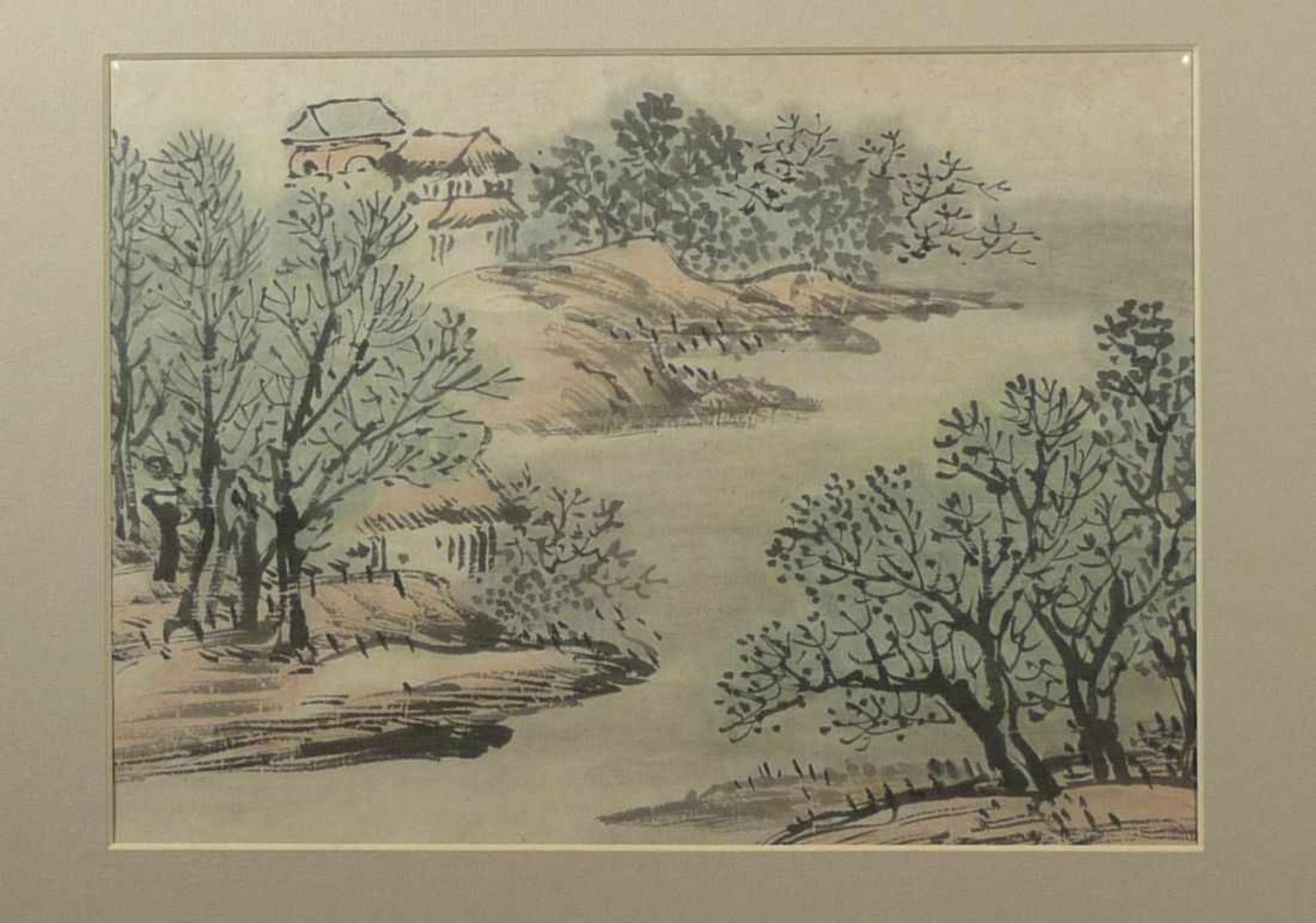 Uferlandschaft mit Bäumen und ArchitekturJapan, um 1900Tusche und leichte Farben auf Papier,