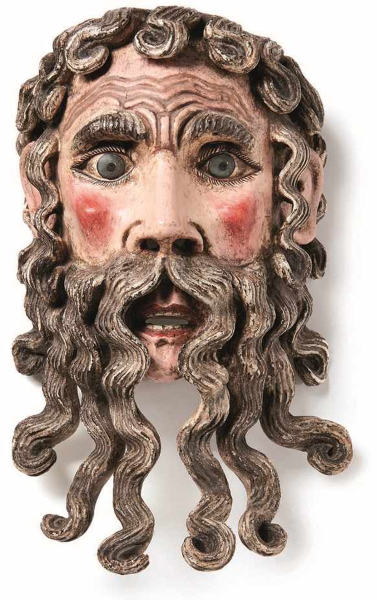 Theatermaske des Göttervaters Zeus18. Jh.Ausdrucksstark gearbeitetes Gesicht mit langem lockigem