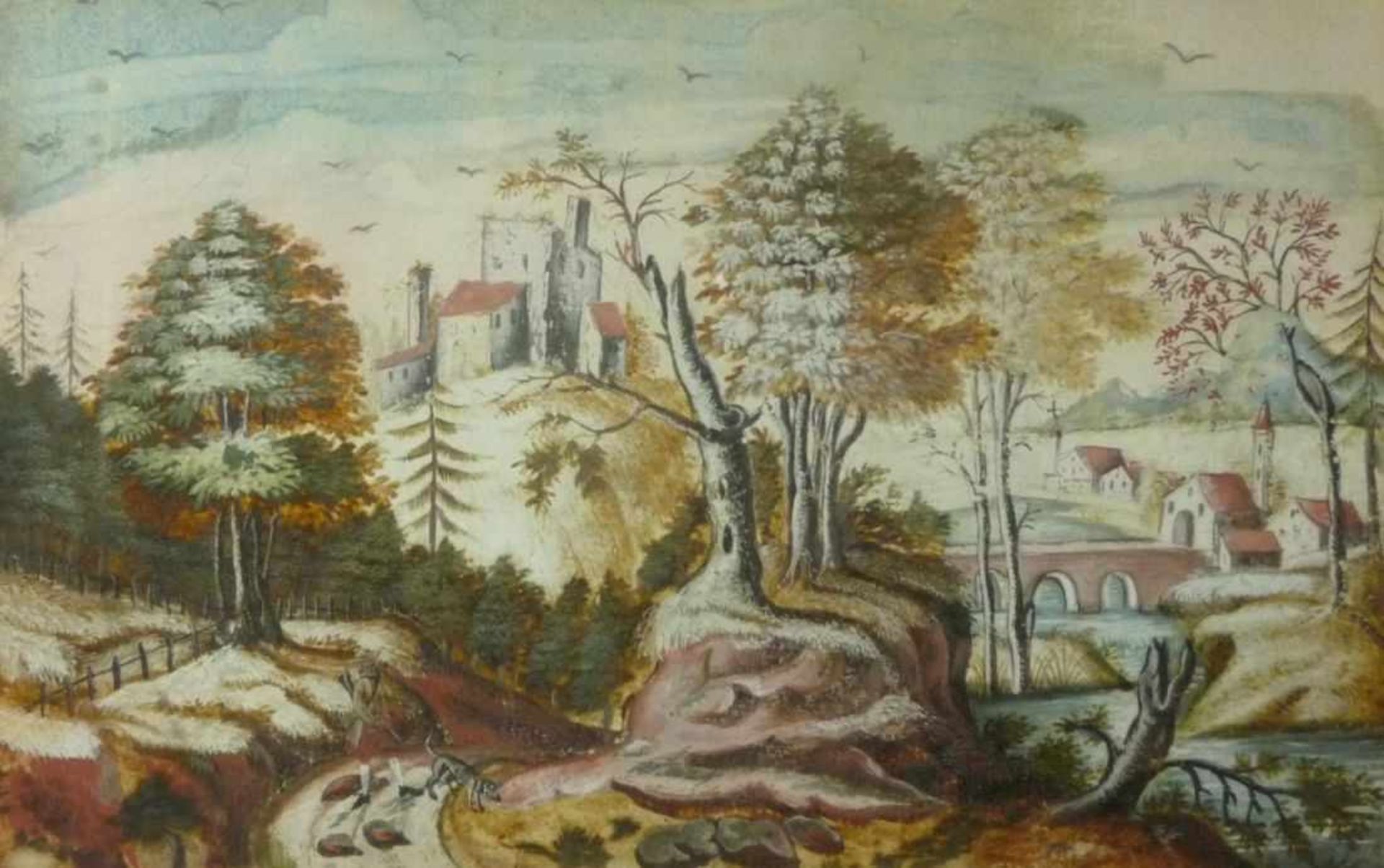 Flusslandschaft mit Architektur und Jäger18. Jh.Gouache, weiß gehöht. Ca. 14 x 22,5 cm; in