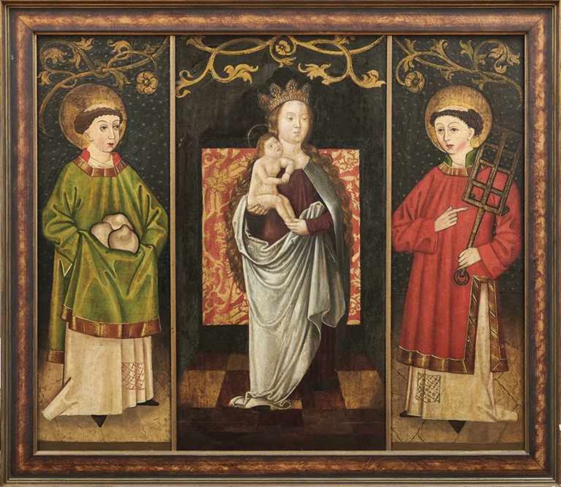 Gotisches TriptychonUlmer Meister, 1. H. 16. Jh.Madonna zwischen den Heiligen Stephanus und