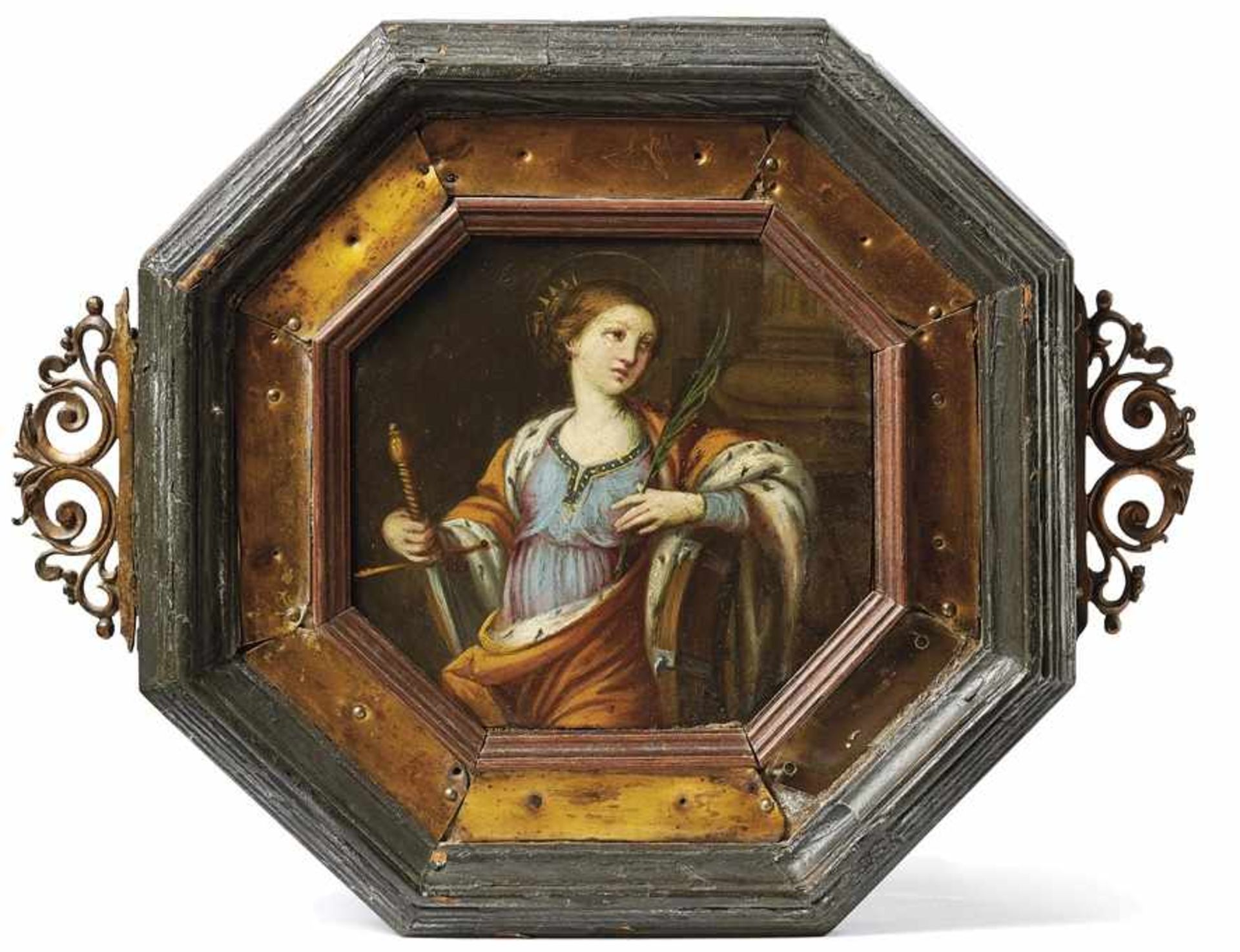 Die heilige Katharina von AlexandriaItalienischer Meister des 17. JahrhundertsÖl/Kupfer. Darstellung