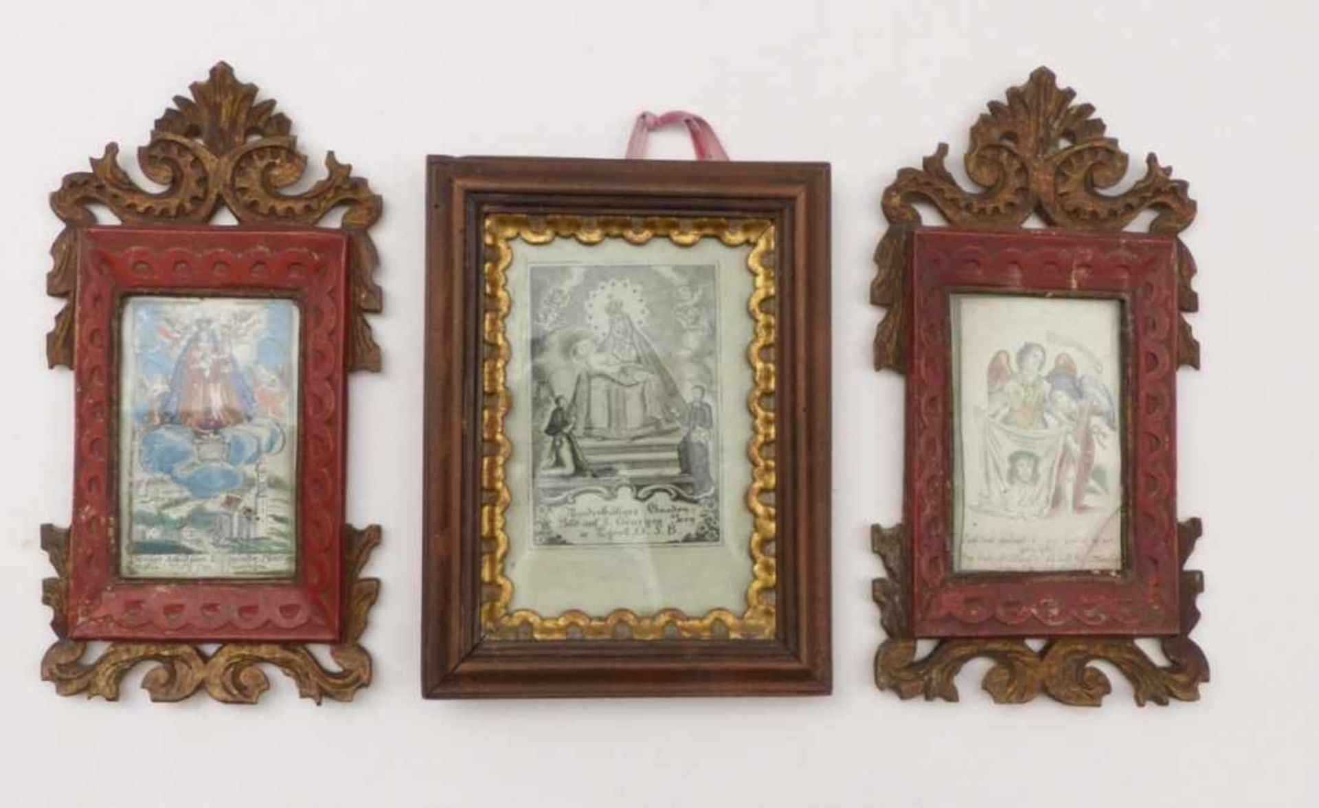 Drei kleine Andachtsbilder18. Jh.Hochrechteckige Darstellungen mit Maria Immakulata, zwei Engel