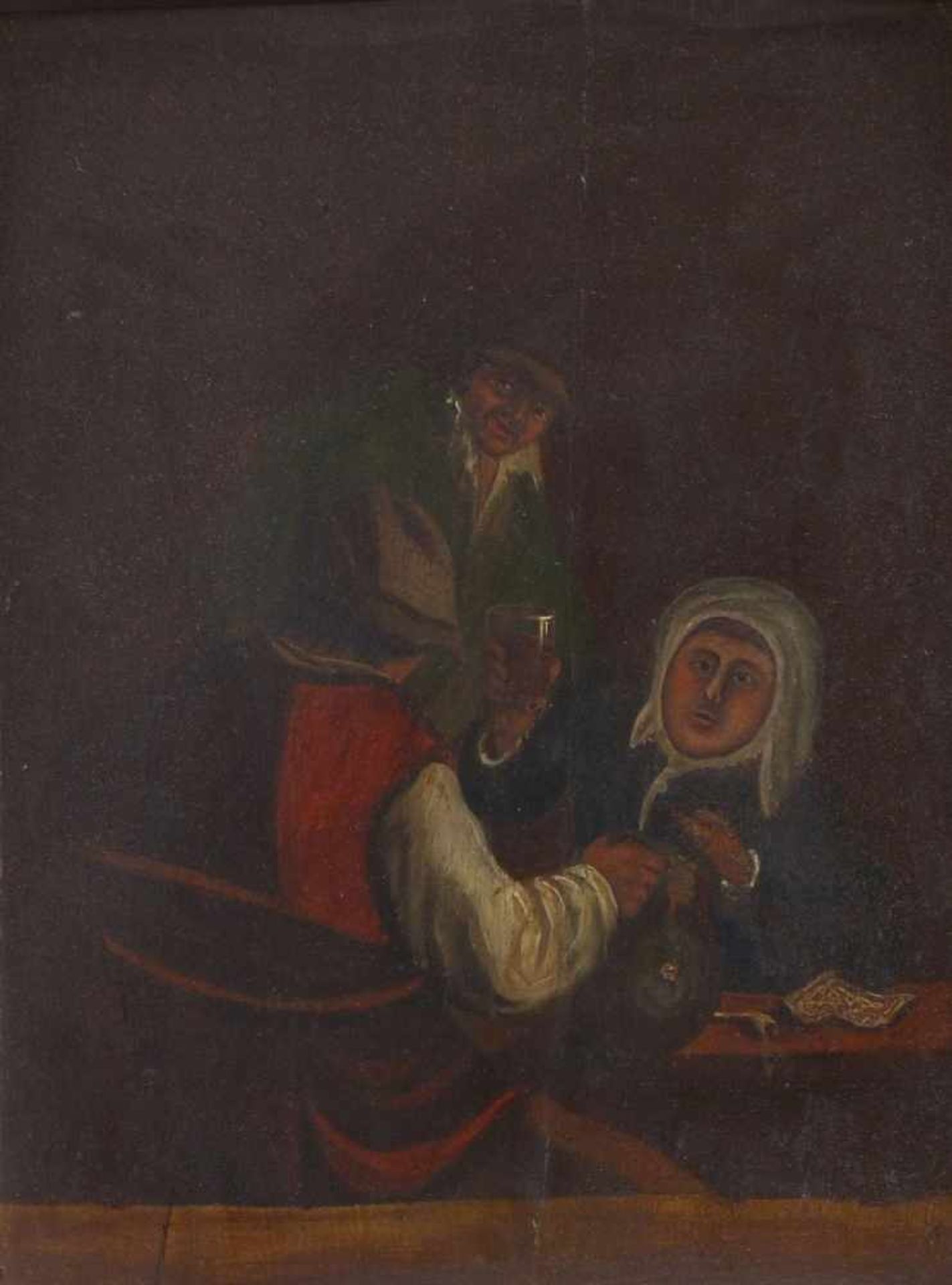 Unbekannter Maler des fr. 18. JahrhundertsDrei Zecher am WirtshaustischUm 1700. Öl/Holz. 25 x 20,3