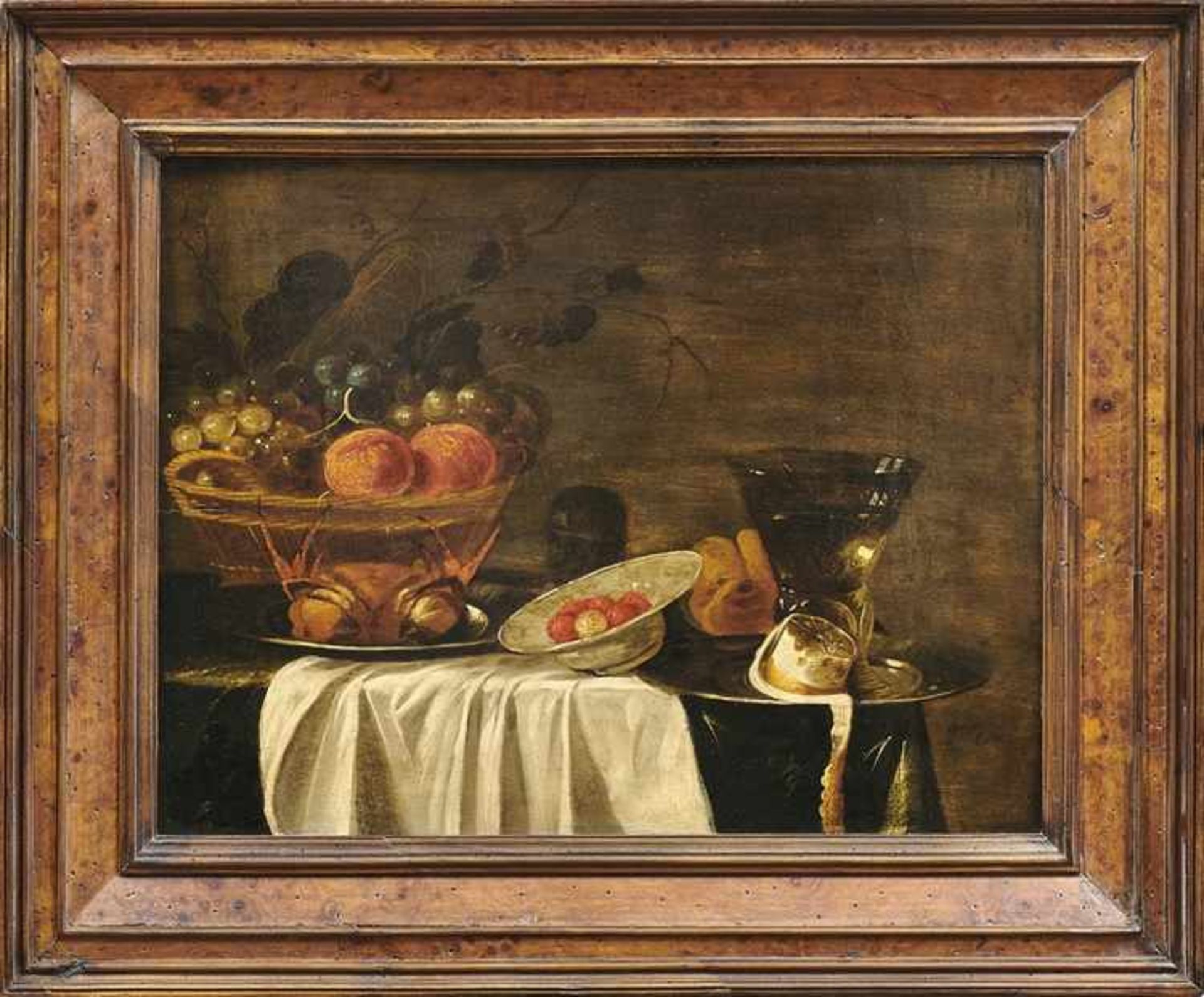 StilllebenFlandern, 17. Jh.Gedeckter Tisch mit Krebs, Beeren in einer Schale, Früchtekorb und