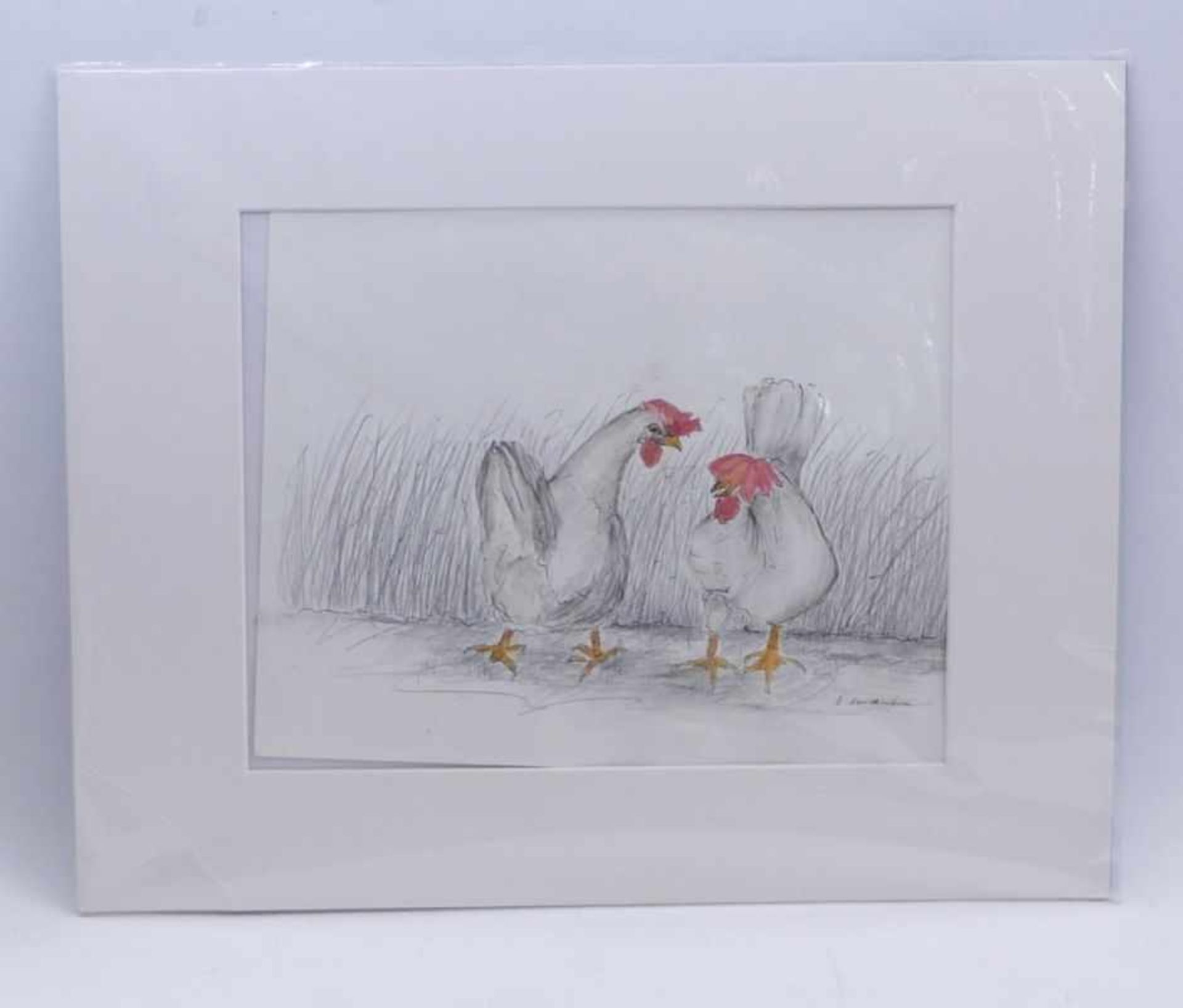 Zwei Hühner am Feldrain20. Jh.Bleistiftzeichnung mit Aquarell gehöht. Rechts unten undeutl. sign. " - Bild 2 aus 3