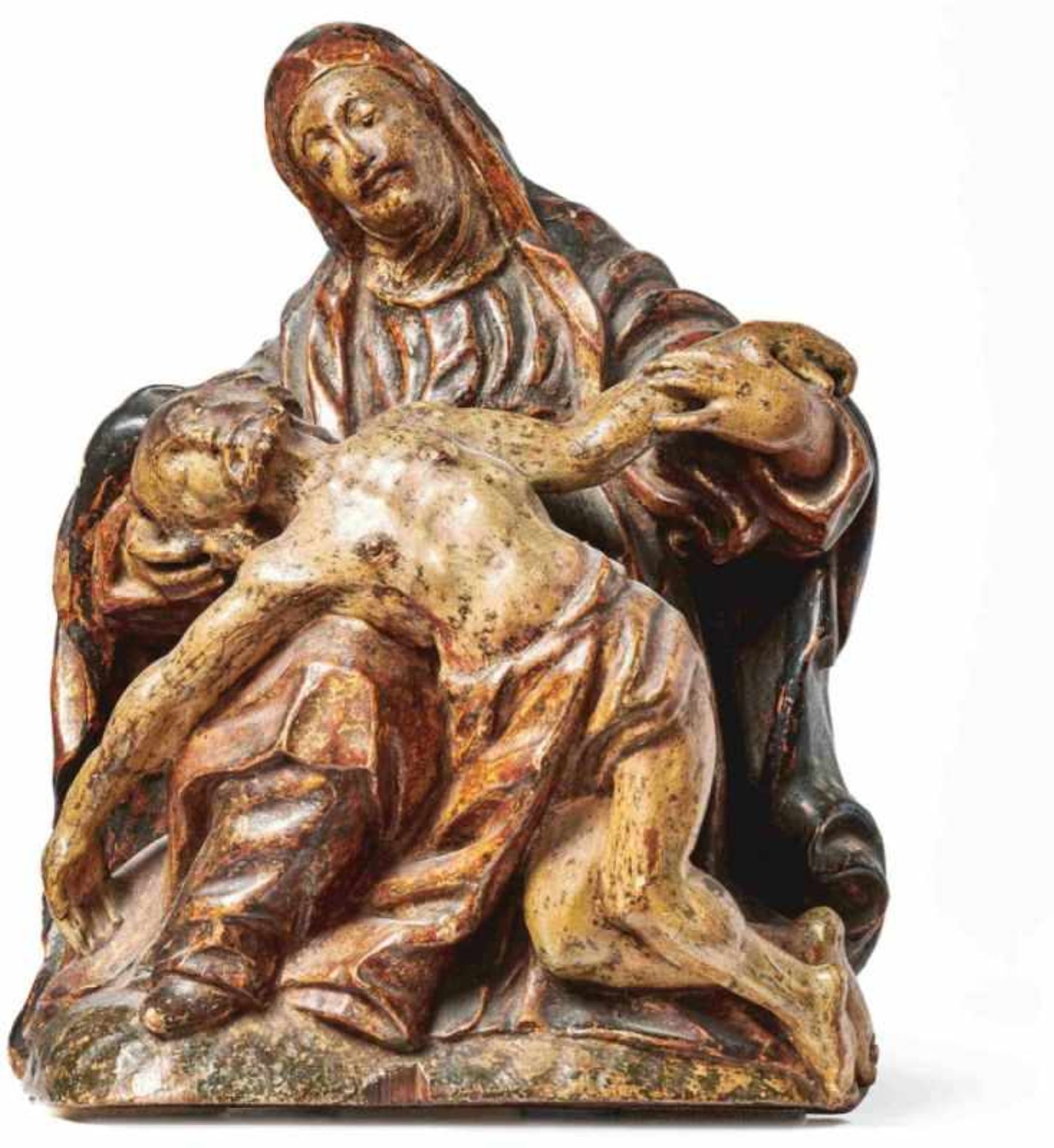 PietàFranken, 17. Jh.Auf Landschaftssockel sitzende Muttergottes, den Leib ihres toten Sohnes