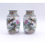 Paar kleine Rouleau-Vasen mit ParadiesvogeldekorChina, 20. Jh.Schauseitig jeweils auf blühendem
