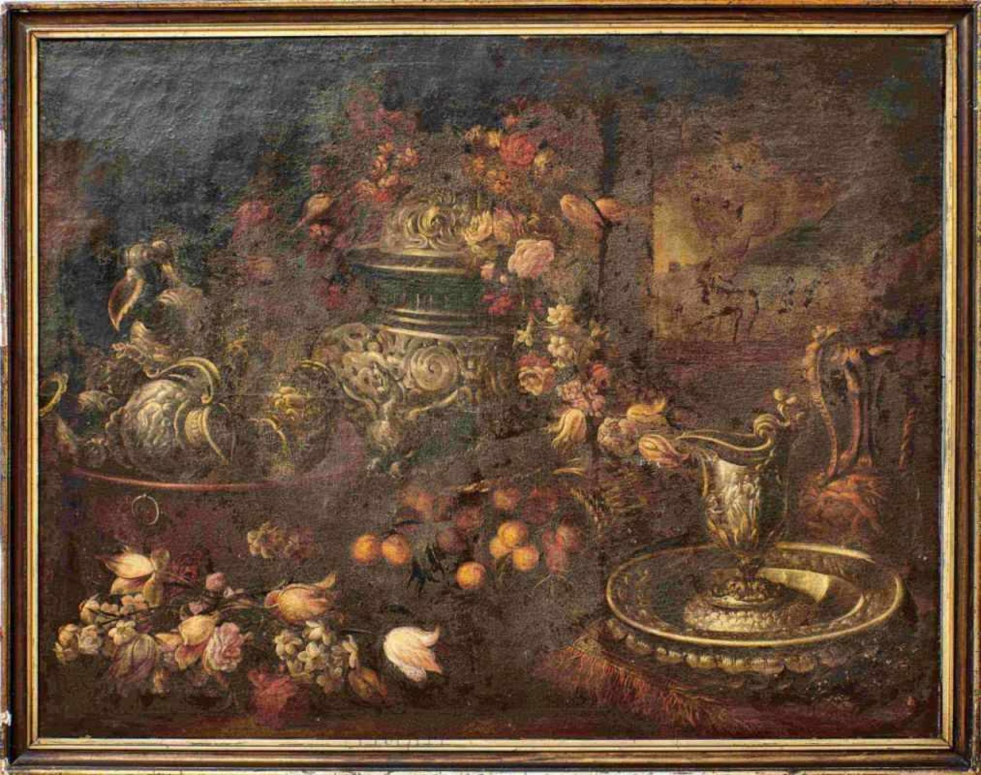 PrunkstilllebenItalienischer Meister, 2. H. 17. Jh.Opulente Tafel mit Blumen und Silbergerät in