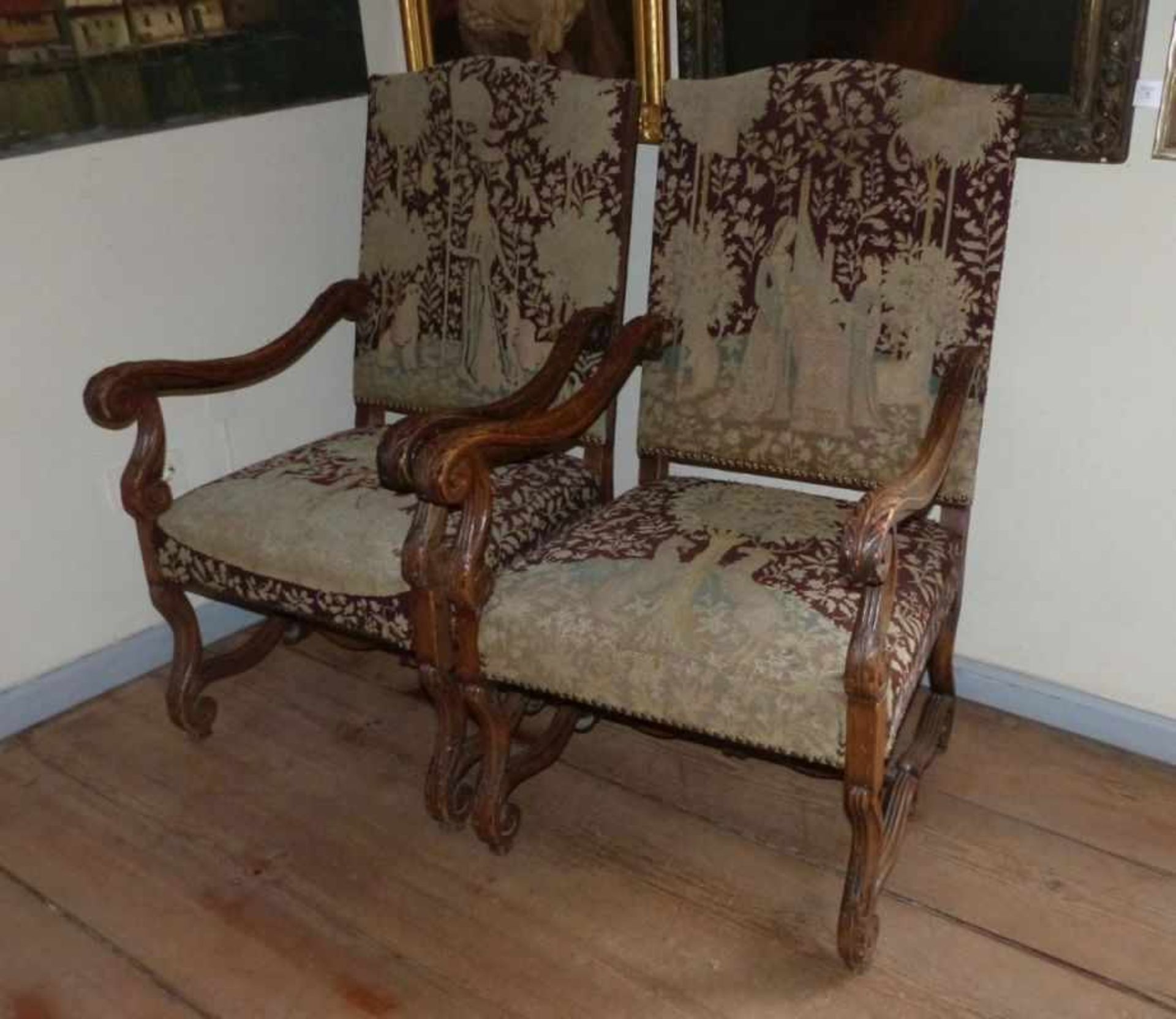 Paar Sessel im Barockstil19. Jh.Auf Volutenbeinen und H-förmigen Querstreben rechteckiger