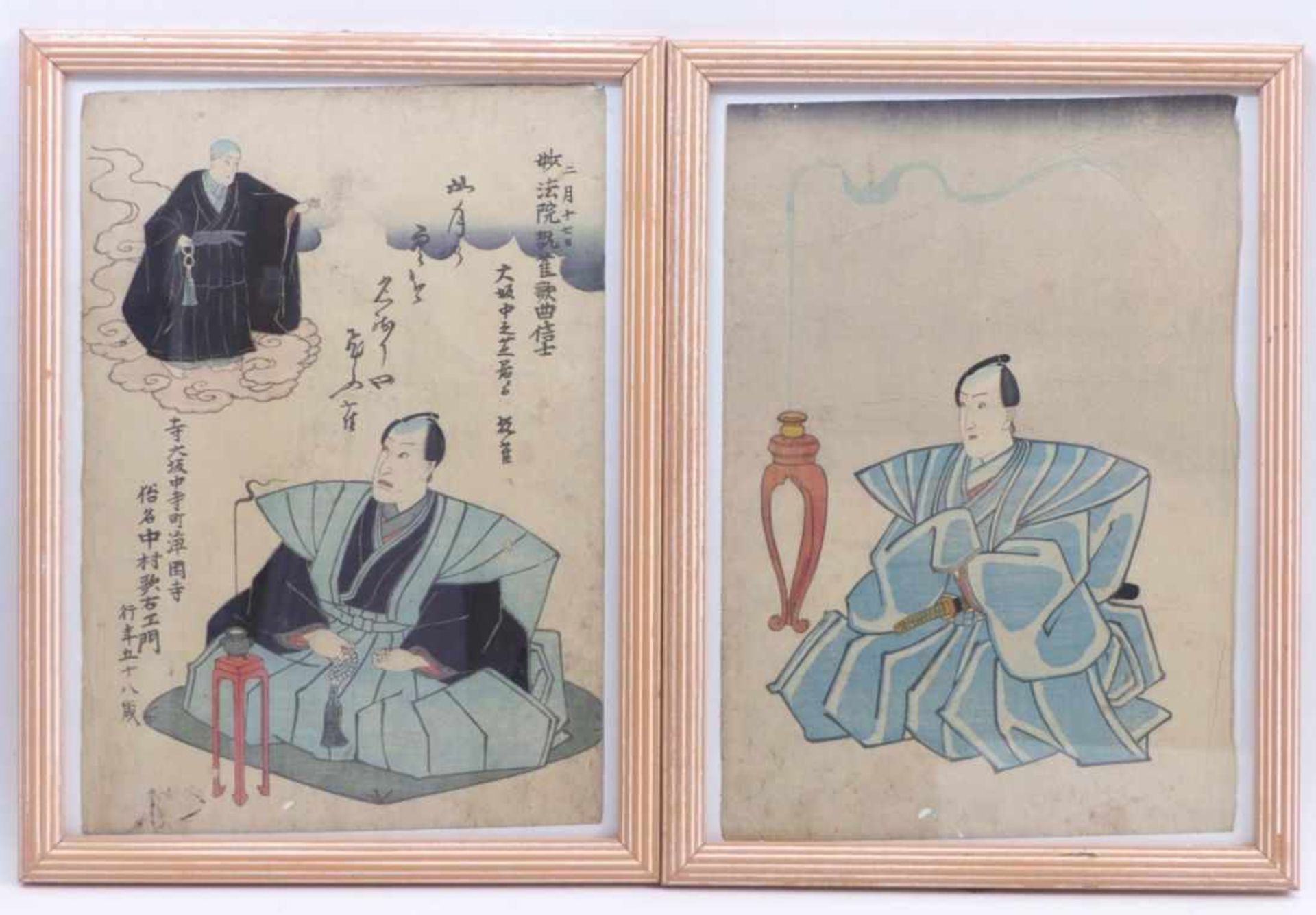 Zwei Gedenkblätter (shini-e)Japan, 19. Jh.Farbholzschnitte. Oban-Format 36,4 x 25,5 cm; unter Glas