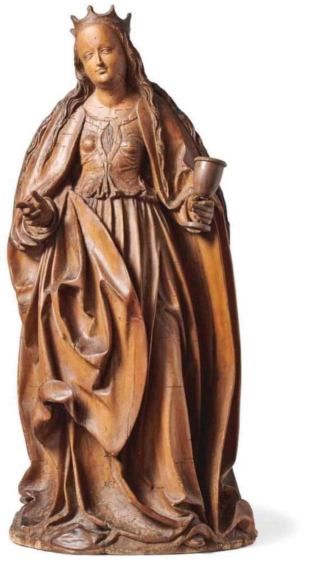 Heilige BarbaraPassauer Meister, um 1510Stehende Heilige in faltenreichem Gewand, das bekrönte Haupt