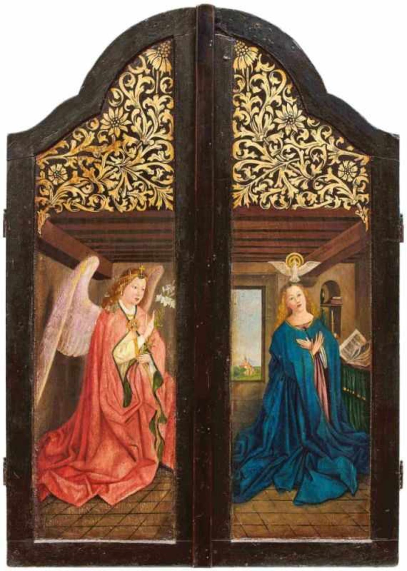 Zwei Seitentafeln eines Flügelaltars mit Verkündigung und HeiligenDeutschland, 18. Jh. und