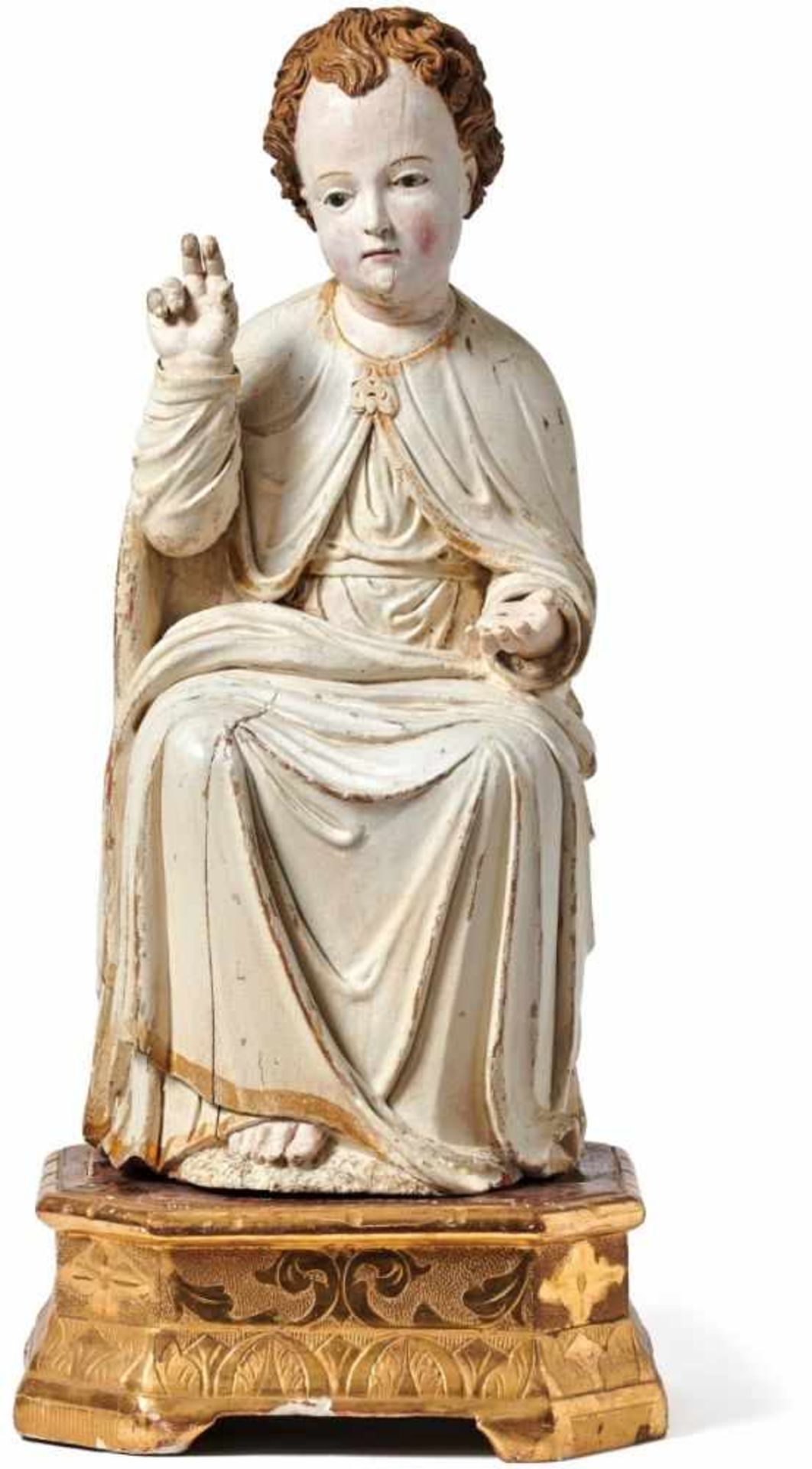 Segnender Jesusknabe17. Jh.Auf Sockel mit graviertem und gepunztem Floraldekor sitzender, vollrund