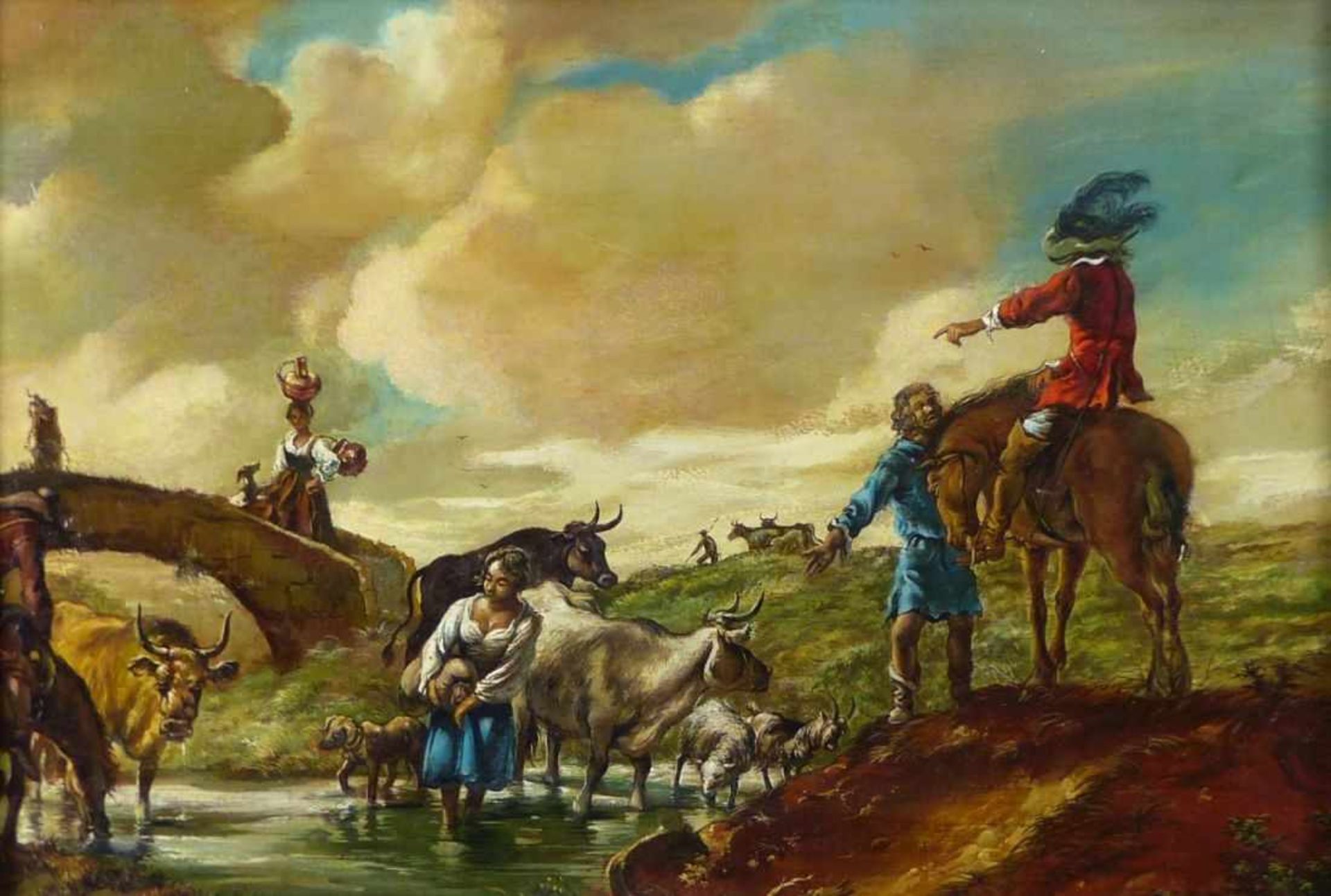 Berchem, Nicolaes - Nachfolger des 19. Jh.Hirten mit ihren Tieren an einem Bach mit Kavalier zu