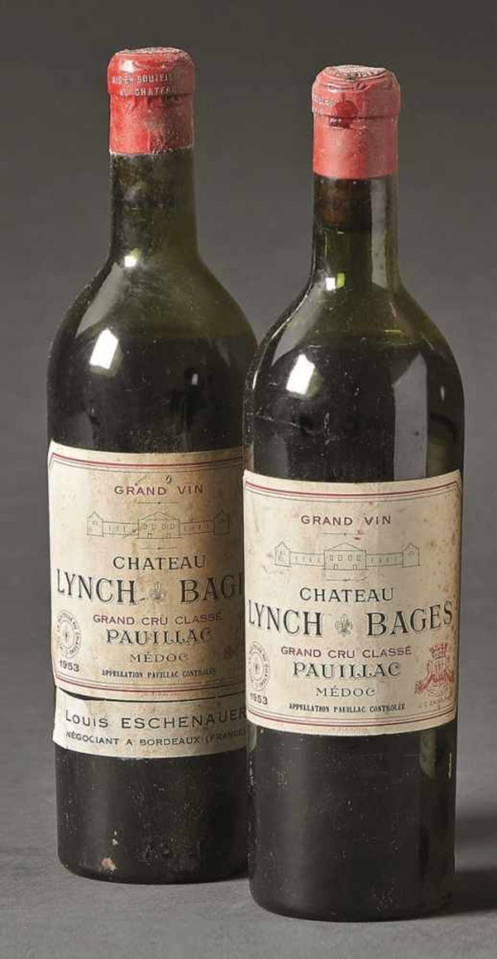 Château Lynch BagesPauillacZwei Flaschen Grand Vin von 1953, rote Kapseln. - Verschmutzt,