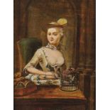 Kokette Dame mit VogelkäfigFrankreich, 18. Jh.In einem Interieur mit Bogenarchitektur an einem Tisch
