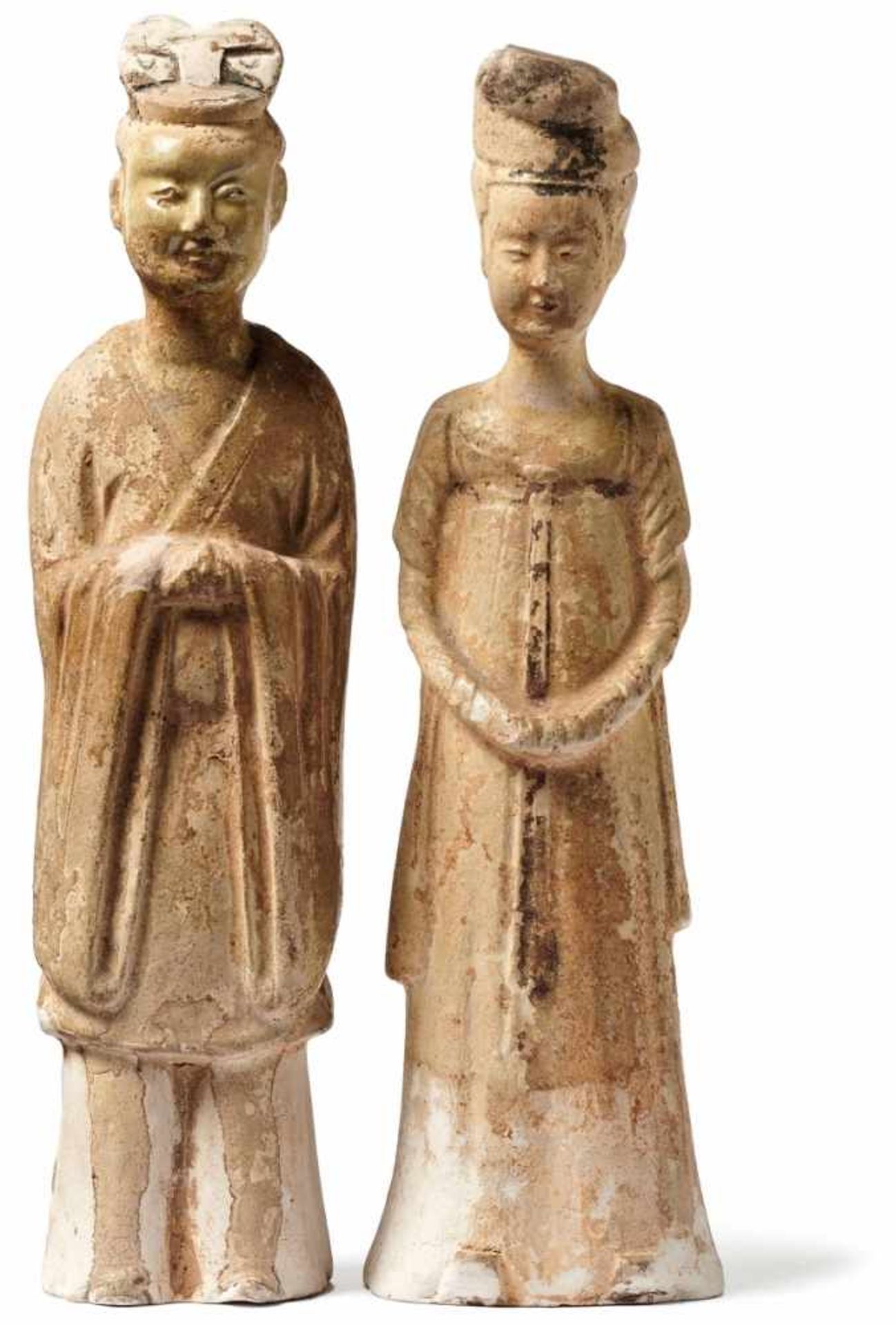 Hofdame und Beamter als GrabbeigabeChina, wohl Han-Dynastie 206 v. Chr. - 220 n. Chr.Standfiguren in