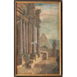 Ruine eines Palazzo mit Pyramide im HintergrundItalienische Schule, 18. Jh.Öl/Lwd. 150 x 90 cm. -