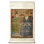 Großes Rollbild mit HerrscherpaarChina, 17. Jh.Interieur mit Dienern im Hintergrund. Gouache/Papier,
