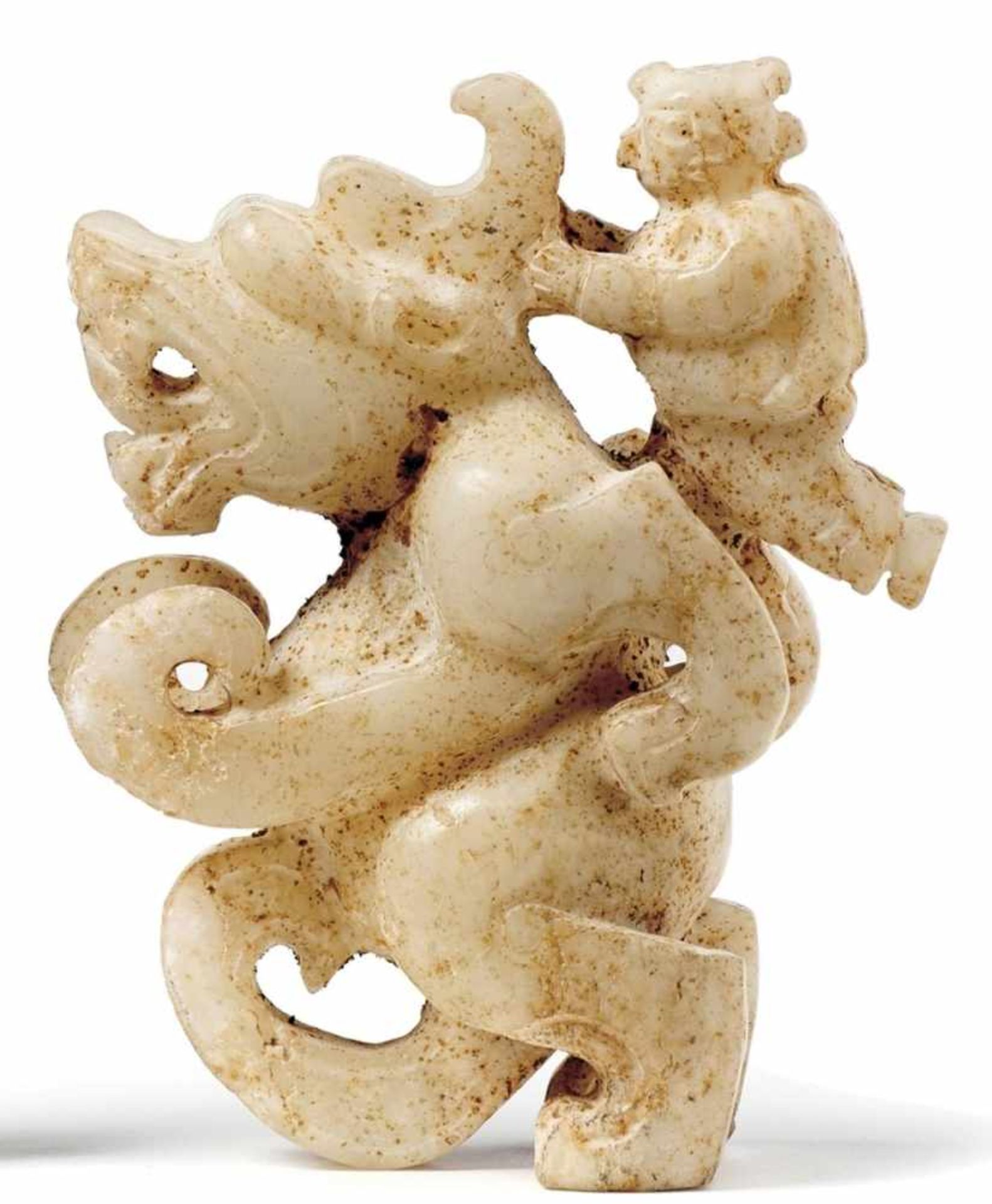 Figur eines DrachenreitersChina, wohl Song-Dynastie, 960-1.280 n. Chr. oder späterHelle Jade mit