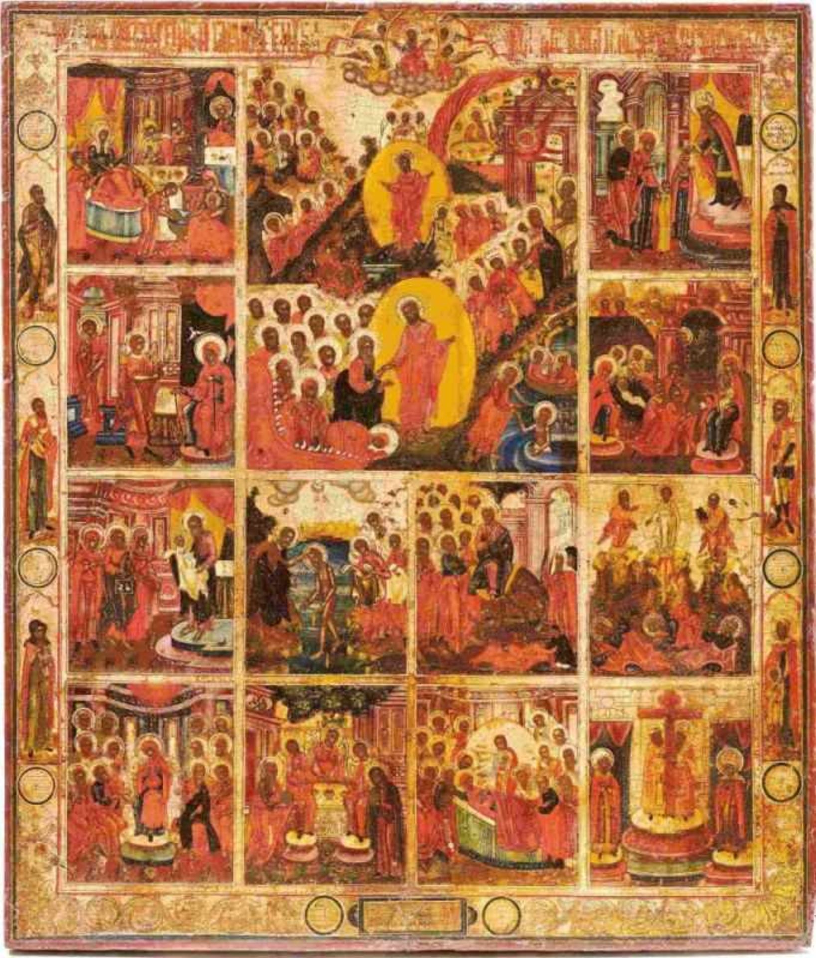 Große FesttagsikoneRussland, 19. Jh.Darstellung von Christi Höllenfahrt und Auferstehung, umgeben