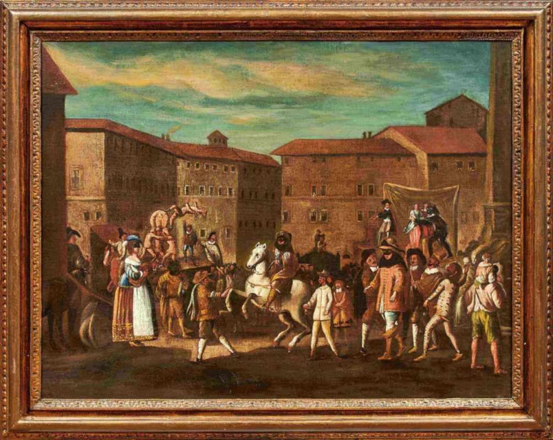 Bamboccist aus dem Kreis des Michelangelo CerquozziStraßenszene mit GauklernUm 1700. Belebter