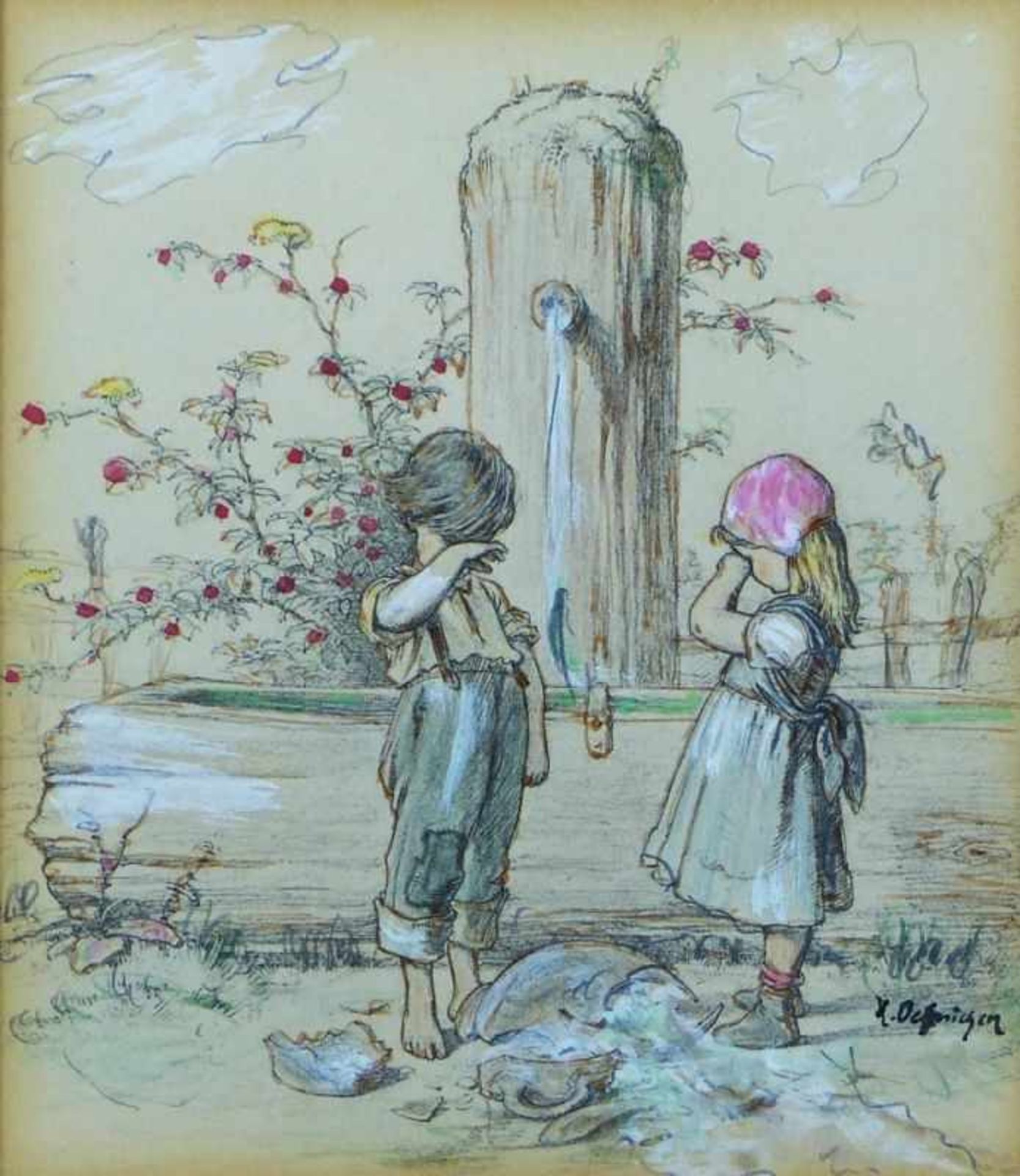 Oehmichen, HugoPendants Kinderdarstellungen(Borsdorf 1843-1932 Düsseldorf) Mädchen und Bub mit - Bild 3 aus 3