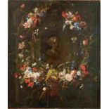 Frauenbüste in einer Nische, umgeben von einem BlütenkranzFlämischer Meister des 17.