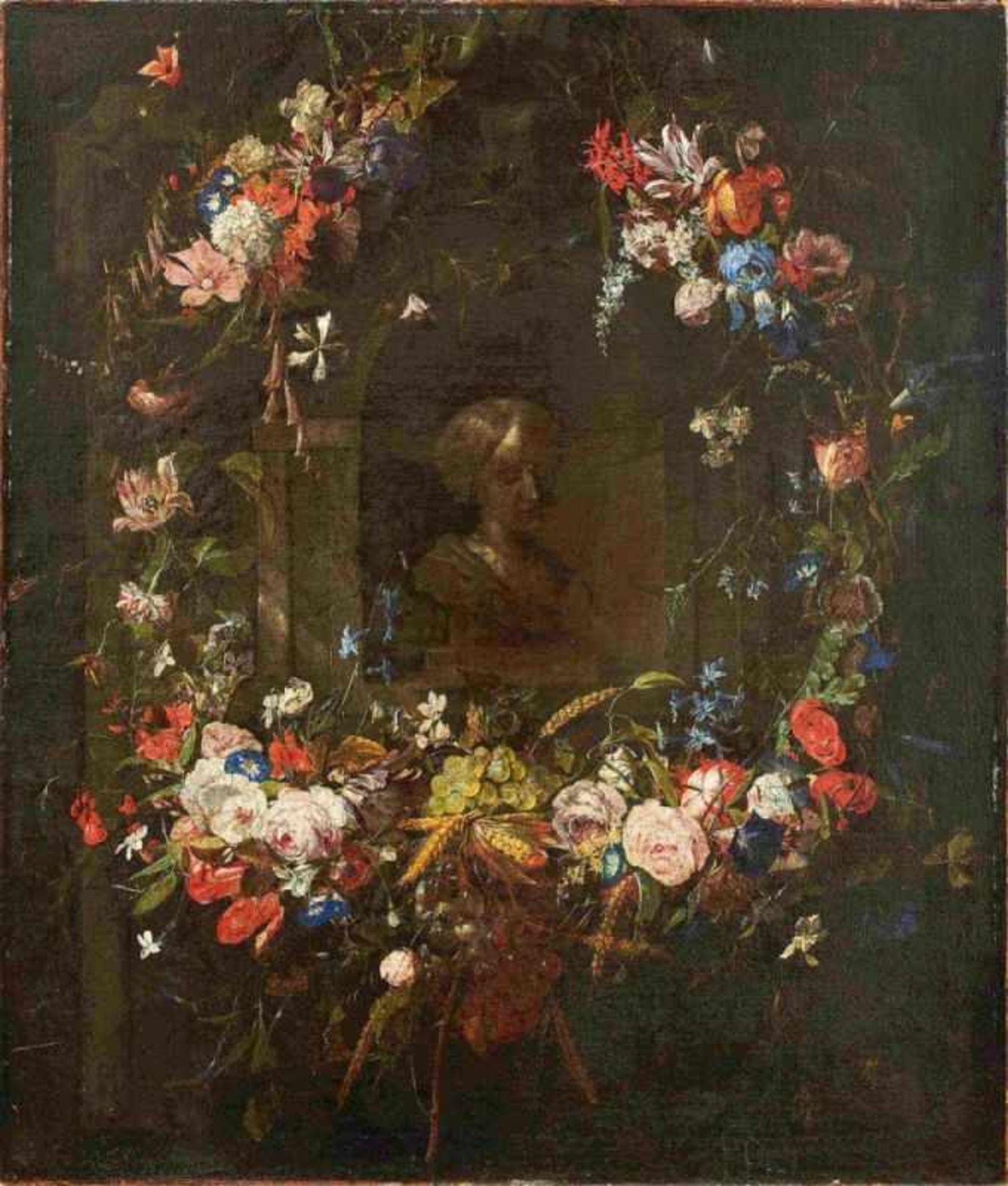 Frauenbüste in einer Nische, umgeben von einem BlütenkranzFlämischer Meister des 17.