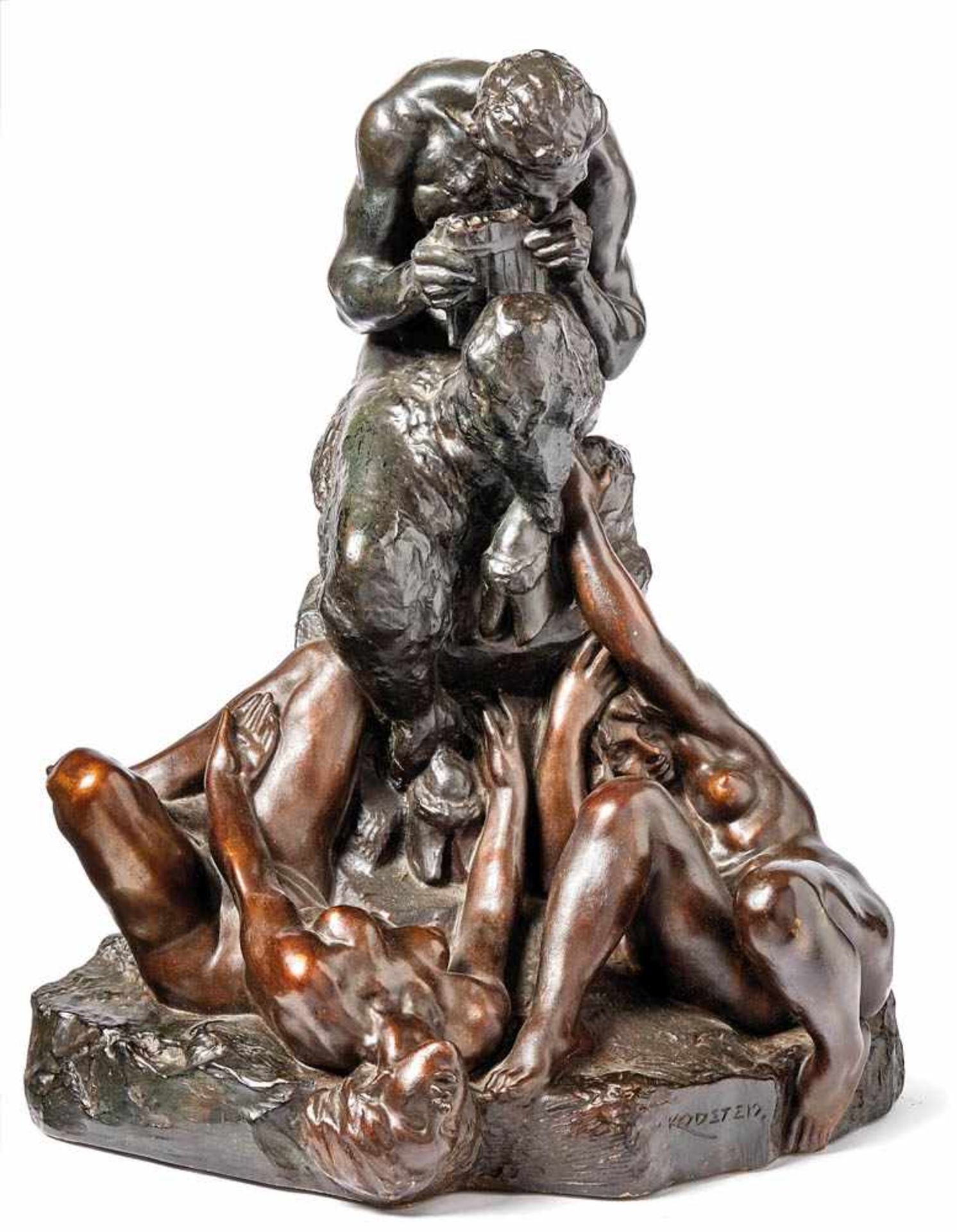 Kodet, EmanuelFaun and Nymphs(1880-1954) Faun sitting on a natural pedestal playing a panpipe, two