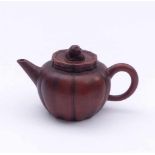 Small Yixing TeapotChinaMelon mould with tube spout and C-handle, Fo-dog as lid knob. Reddish