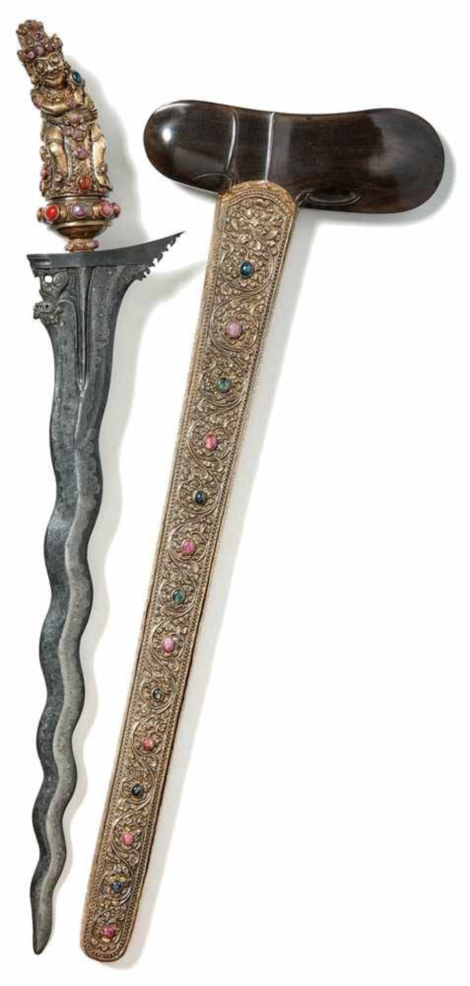KrisJava/IndonesiaFlamed, asymmetrical pamor steel blade, full plastic bronze handle in the shape of