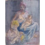 Mother with two children in Tunis20th century.Gouache over pencil on paper. Lower right