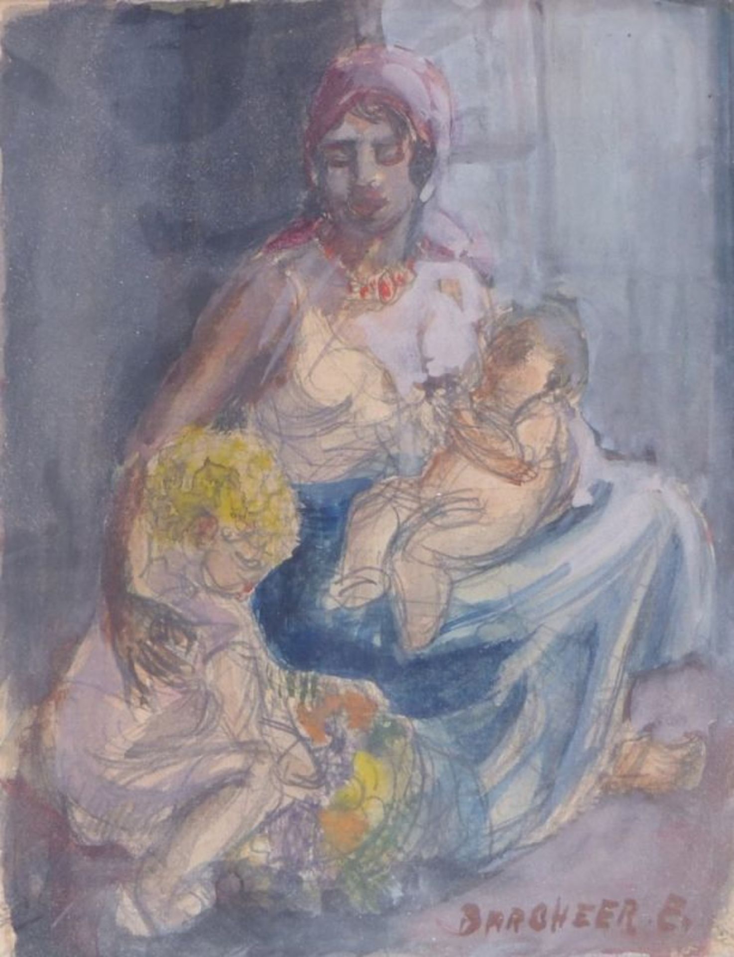 Mother with two children in Tunis20th century.Gouache over pencil on paper. Lower right