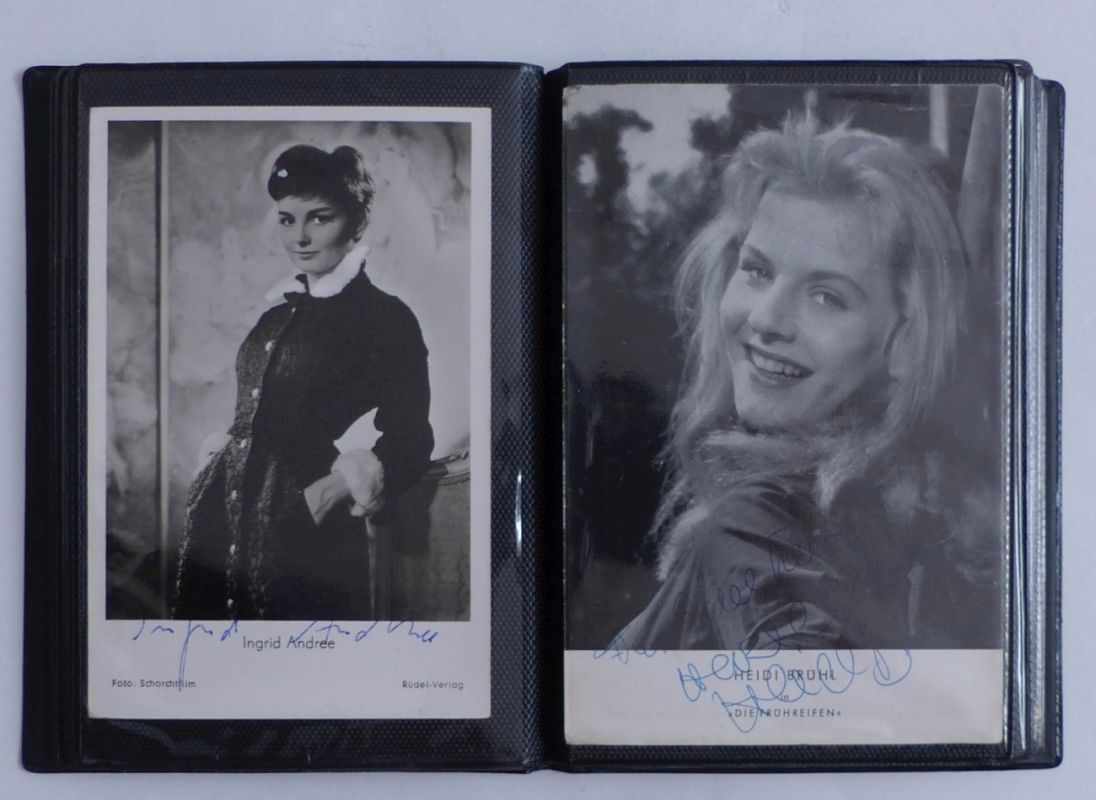 36 autograph postcards20th century.Hand-signed cards with portrait photographs, including Lil