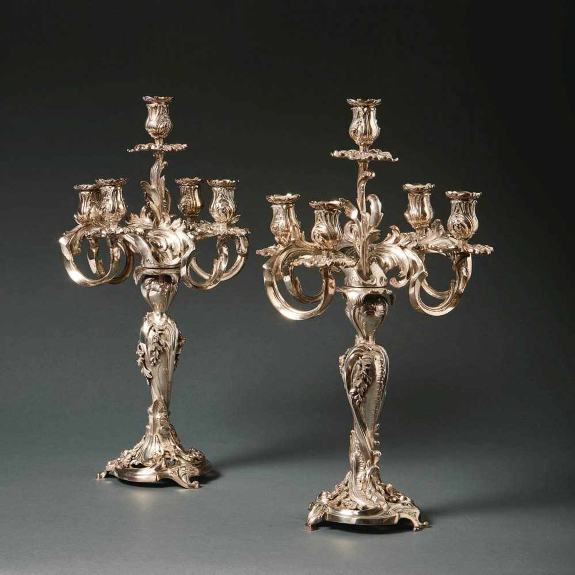 Pair of large Louis XV-style candelabrasFrance, probably Paris, 19th century.Round, open worked foot